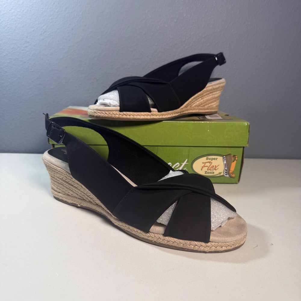 Easy Street Wedge Sandals Womens 12W Black New Espadrille Super Flex 30-1251